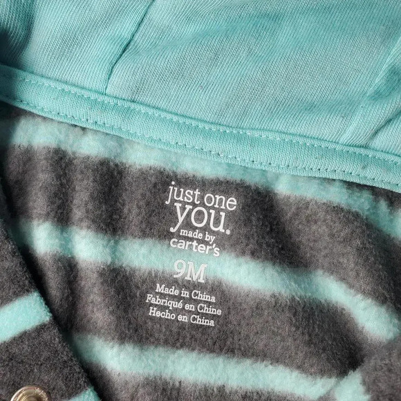 Just One You by Carter's Elephant Striped Fleece Hooded Bodysuit Gray Blue Sz 9M - Picture 4 of 11
